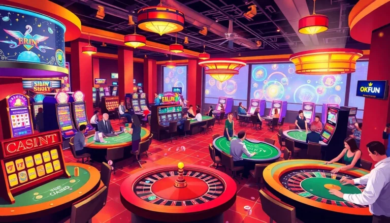 OKFUN casino gaming scene with excited players at tables and colorful slot machines.