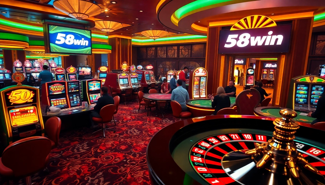 Players enjoy a thrilling game at 58win casino with vibrant slot machines and poker tables.