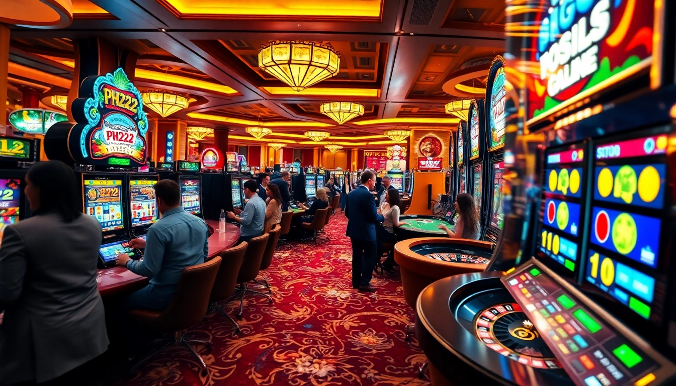 PH222 casino players at vibrant slot machines celebrating their winning moments with exhilarating gameplay.