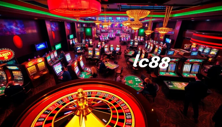 Experience the thrill of a busy casino floor, showcasing lc88 betting action amid vibrant games and colorful chips.