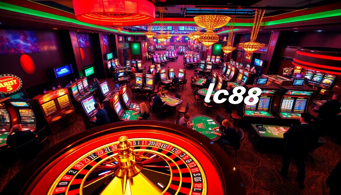 Experience the thrill of a busy casino floor, showcasing lc88 betting action amid vibrant games and colorful chips.