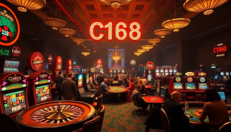 C168 casino floor showcasing lively roulette and slot machines, emphasizing the thrill of betting.