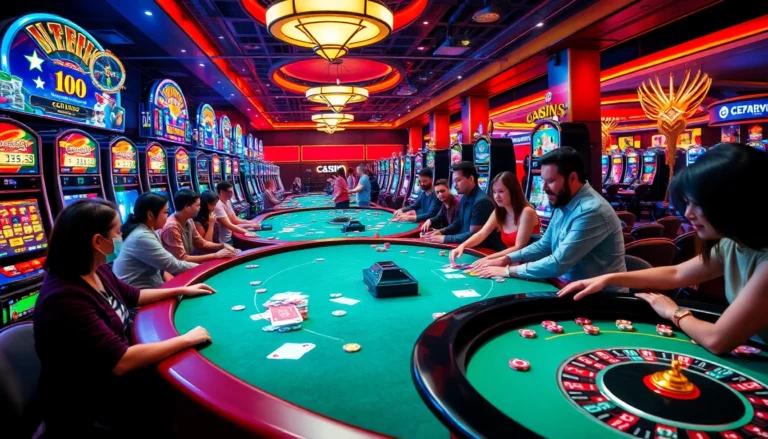 Experience the excitement of C168 in this vibrant casino scene featuring players at tables, colorful chips, and slot machines.