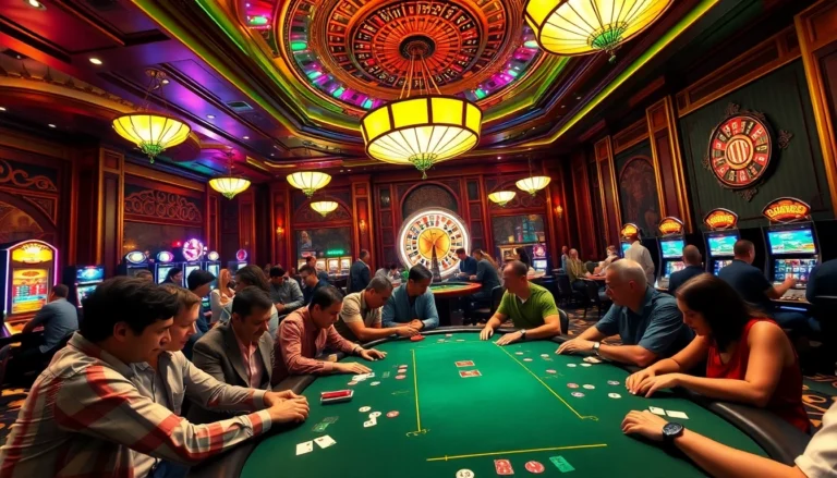 Gamble with excitement at https://okadabooks.com/ amidst a lively casino setting featuring poker tables and roulette wheels.