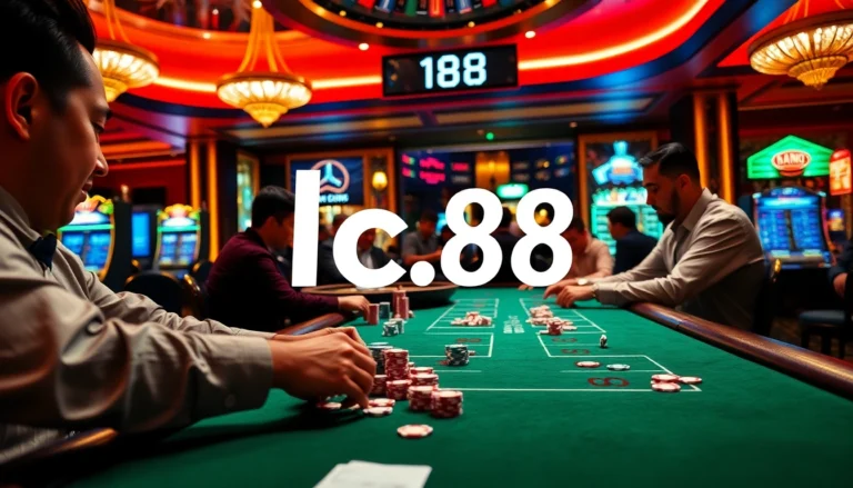 Players enjoy an intense game of poker at lc88 Casino, focusing on high stakes and vibrant poker chips.