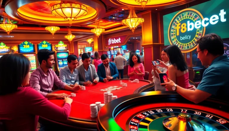 Engaged players at an f8bet casino table, immersed in poker excitement, bright slot machines in the background.
