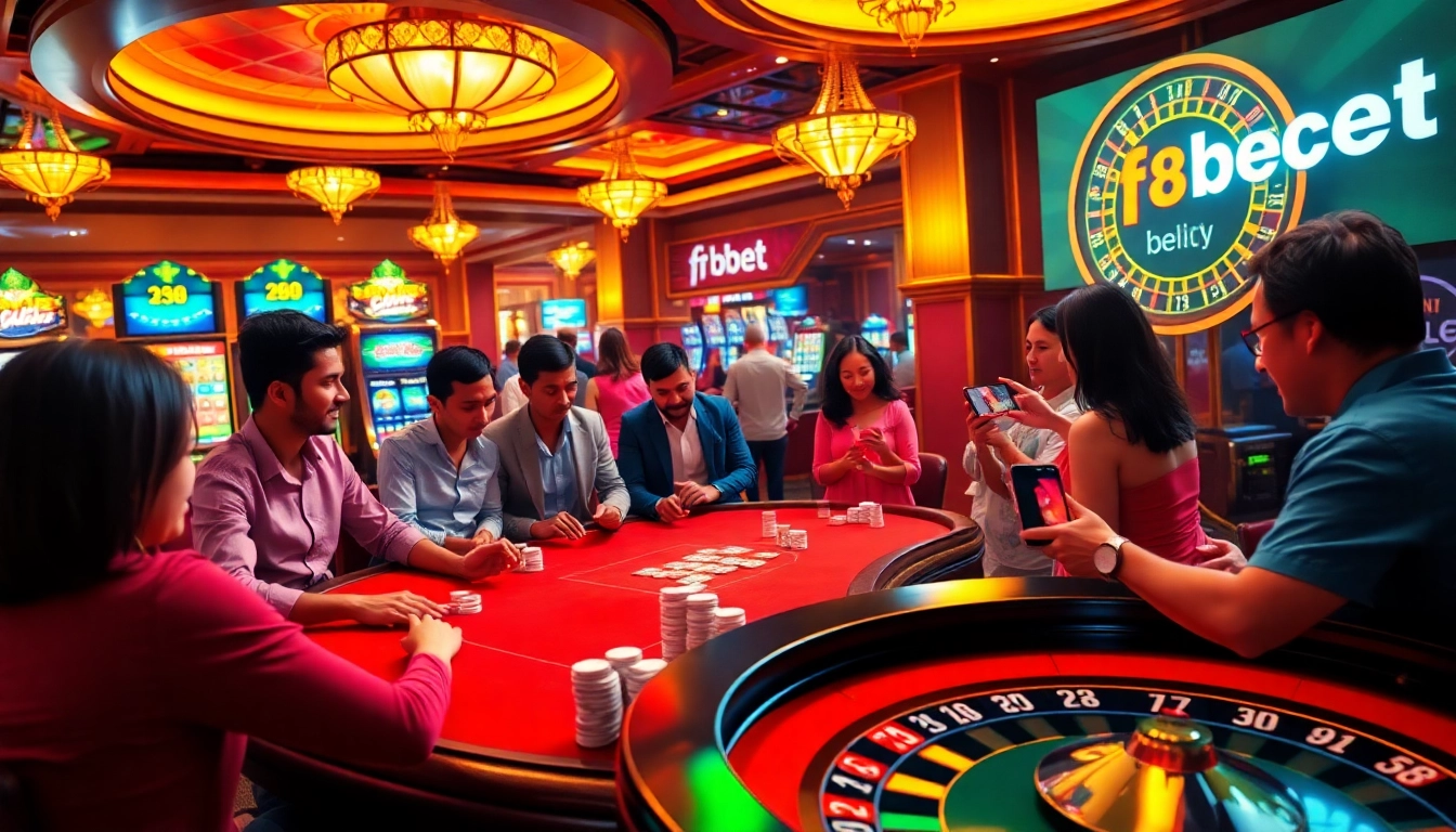 Engaged players at an f8bet casino table, immersed in poker excitement, bright slot machines in the background.