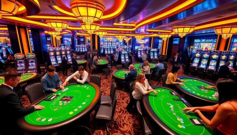 Players enjoying a thrilling game at casino C168, showcasing vibrant poker chips and slot machines.