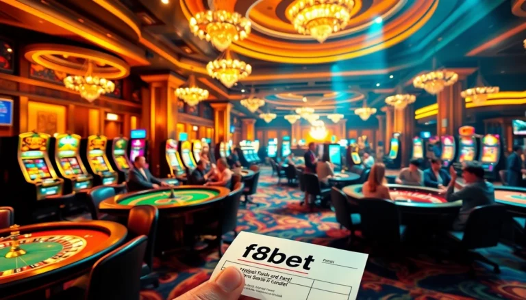 F8bet players enjoying a luxurious gaming experience with roulette and poker tables.