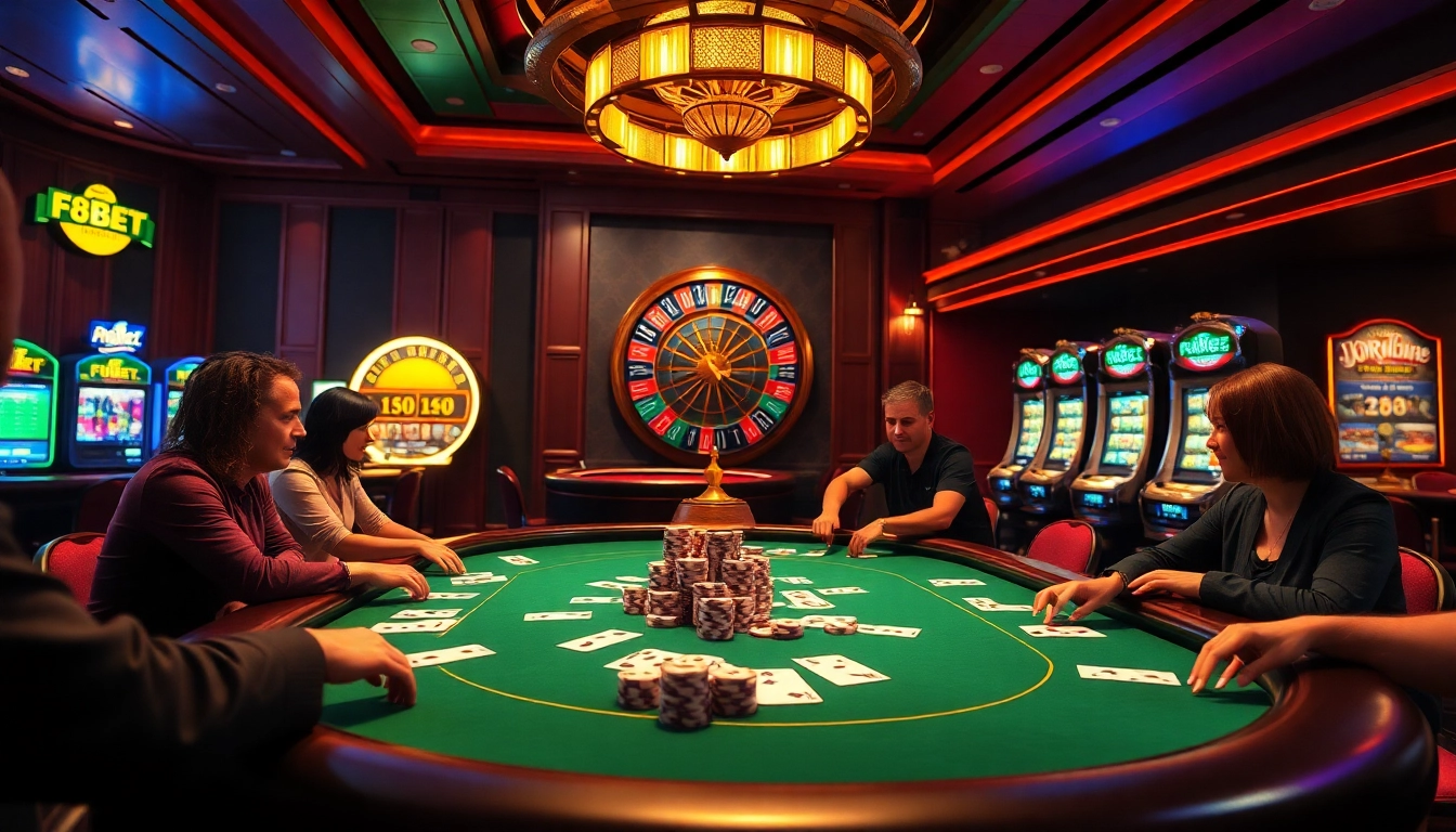 f8bet online casino tables with vibrant poker chips and dynamic players