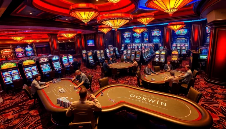 Experience high-stakes poker at okwin casino, showcasing players, chips, and vibrant slot machines.