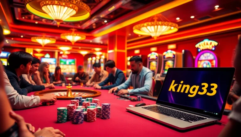 King33 players enjoy an intense poker game with chips and cards, capturing the thrill of casino gambling.