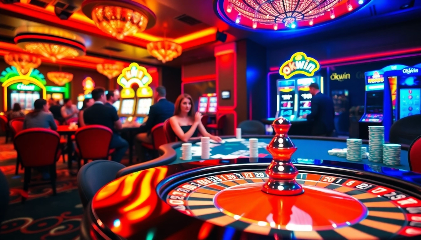 Experience the thrill at okwin with players engaging at a vibrantly lit casino table showcasing cards and chips.