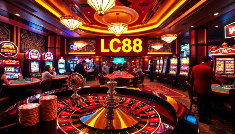 Experience the thrill of LC88 at a vibrant casino table with players enjoying roulette and poker.